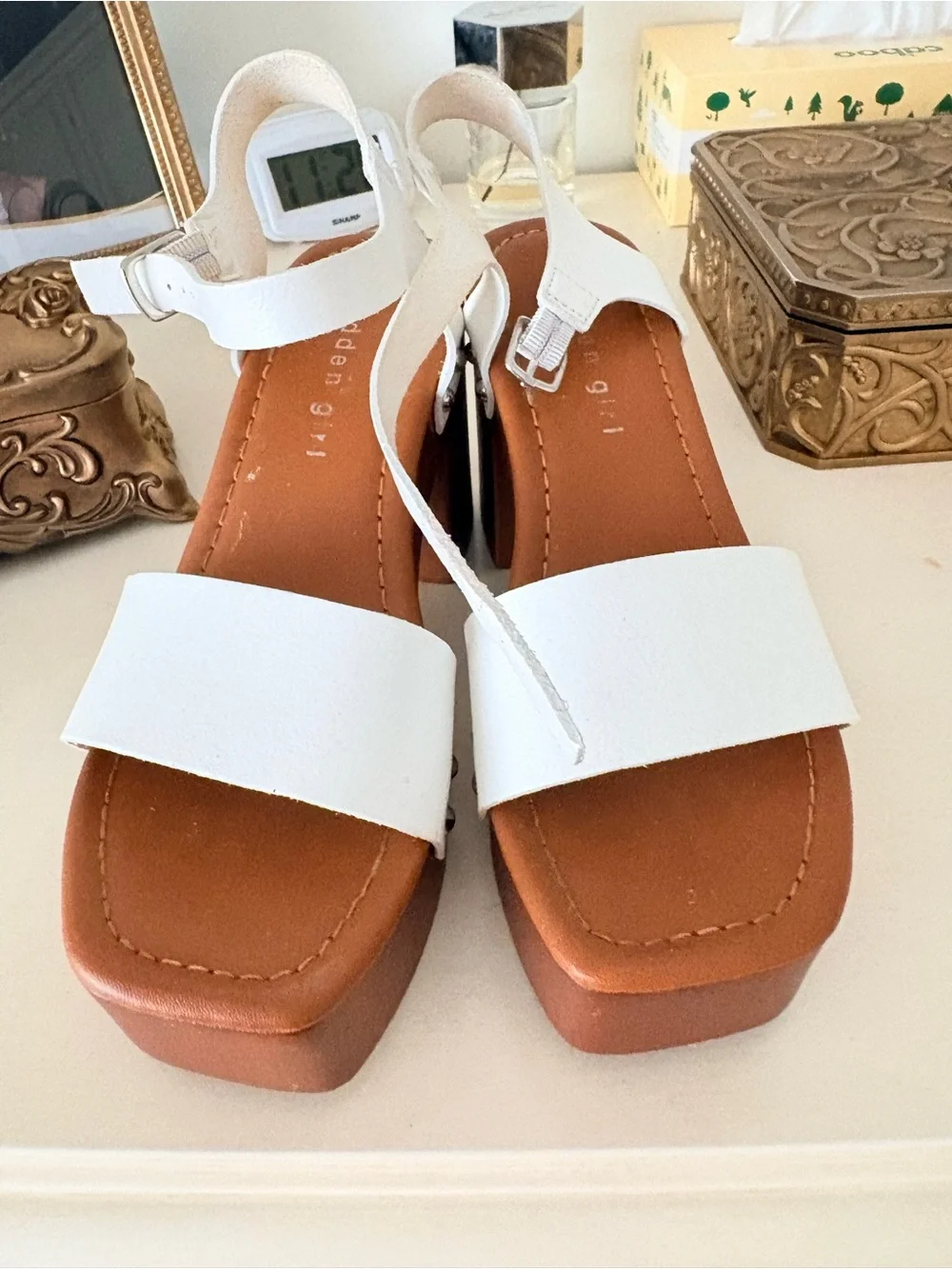 White Platform Block Heel Sandals Steve Madden white leather upper size 5